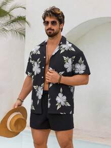 Manfinity Swimmode Men Floral Print Short Sleeve Single Breasted Shirt & Shorts Beach Suit Set Man Swim Trunks