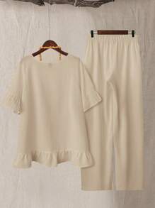 EMERY ROSE Bộ 2 món áo và quần dài màu trơn giản dị ngày lễ cỡ lớn - Màu be - Xem 2