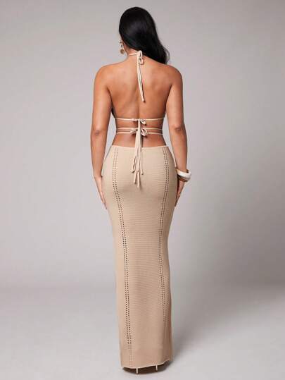 Silquee Vestido de punto a ganchillo romántico de primavera y verano con escote en V profundo y abertura, con decoración de hebilla metálica, ideal para el Día de San Valentín, citas, vacaciones