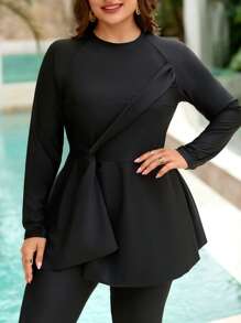 Swim Mulvari Plus Size 2pcs Women Solid Color Twist Decor Mid-Long Sleeve Long Pants Concealing Belly Modest Burkini Swimsuit Set, Beach Vacation - Black - View 3