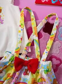 SHEIN X Care Bears 少女卡通熊印花白色盖袖休闲T恤和黄色可爱蝴蝶结吊带裙两件套