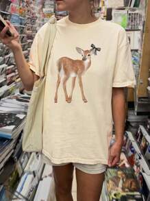 SHEIN Oversized dames T-shirt met ronde hals en lange raglanmouwen en hertenprintontwerp