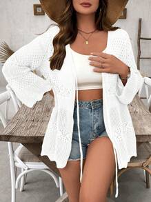 Breezaya Plus Size Women Solid Color Knit Hollow Tie Up Long Sleeve Long Cover Up, Sexy Vacation Summer Thin Cover Up Suitable For Beach, Swimsuit, Sun Protection