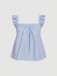 SHEIN MOD Plus Size Vintage Striped Cap Sleeve Loose Blouse, Suitable For Picnic, Casual, Vacation, Summer Work Blouses For Women Women Clothing Summer Tops Tops For Women Summer Women Shirts And Tops Tops For Summer