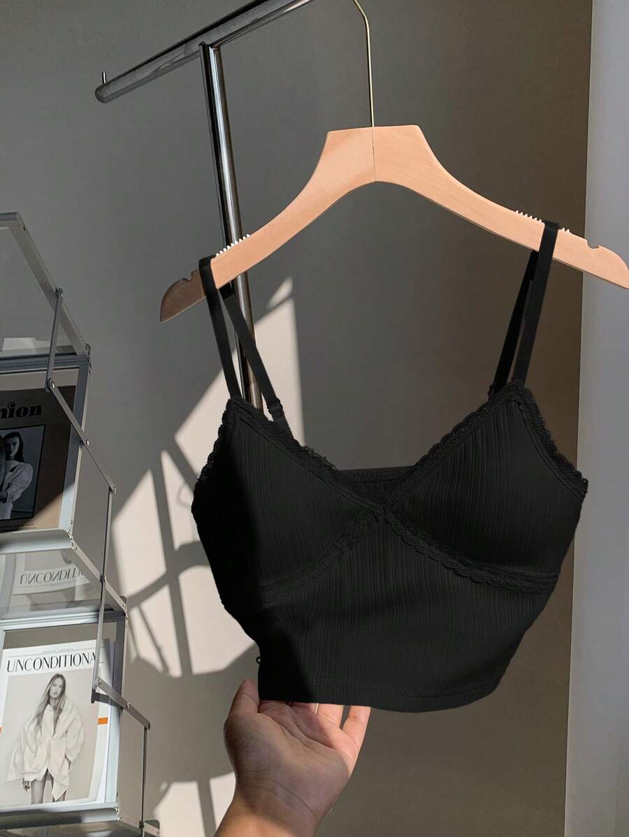 Comfortcana Women's Casual Solid Color Lace Trim Cropped Camisole - Black - View 1