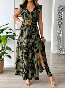 Breezaya Plus Size Women's Elegant French Style Casual/Vacation Beach Long V-Neck Sleeveless Layered A-Line Dress With Wooden Button Decoration, Spring/Summer