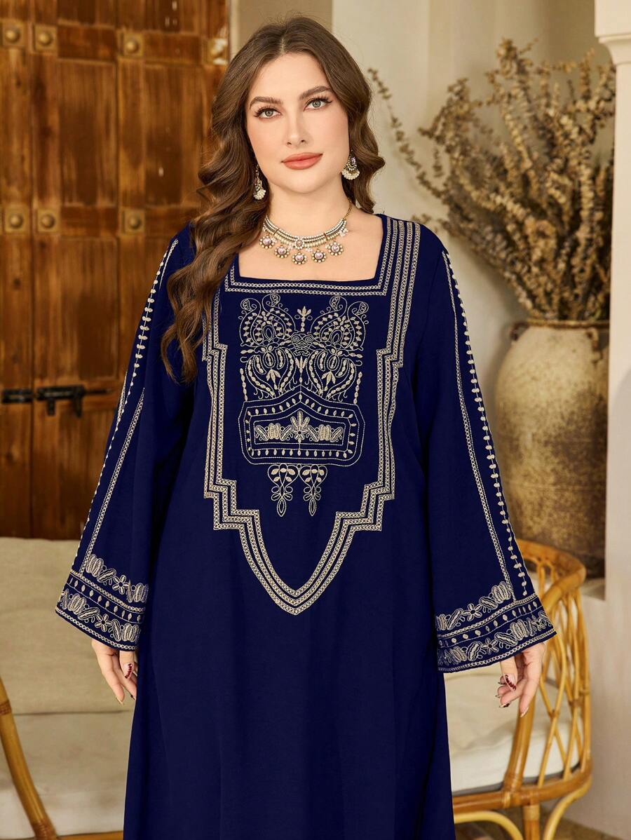 Al Najma 加大码女式刺绣方领宽松长款阿拉伯风格连衣裙，端庄 - 藏蓝色 - 查看 1