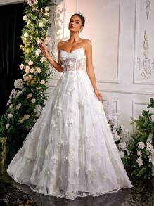 Glamrae Elegant Romantic White 3D Floral Lace Strapless Asymmetric Peplum Maxi Dress, Suitable For Weddings, Bridal, Bride - White - View 1