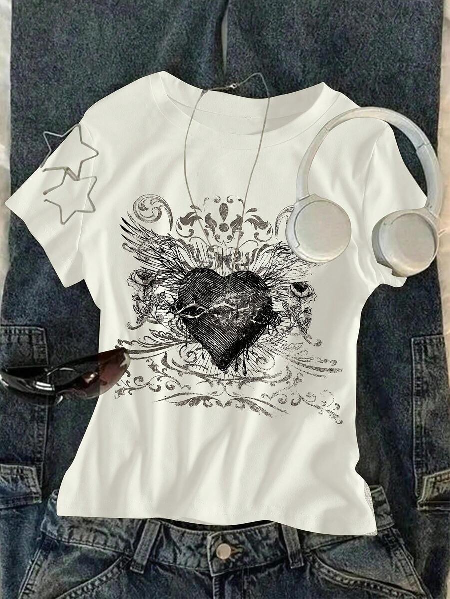 Sparklyn Teen Girls' Heart Print Round Neck Short Sleeve Casual T-Shirt Summer Holiday - White - View 1