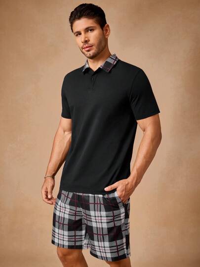 Manfinity NXTstreet 2pcs Men Knit Fashion Casual Loose Short Sleeve Polo Shirt And Elastic Waist Straight Leg Shorts Set