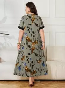 Lacomfia Sukienka w jednolitym kolorze, z dekoltem w serek i krótkim rękawem, w kwiaty w stylu vintage, w dużych rozmiarach