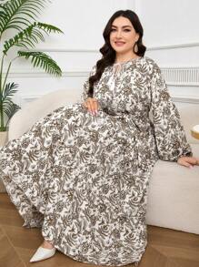 Veilorie Plus Size Women Elegant Allover Print Lantern Sleeve Arabian Dress,Modest - Multicolor - View 4
