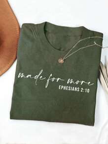 INAWLY 大码女式基督教口号印花宽松圆领图案 T 恤 - 軍綠色 - 查看 1