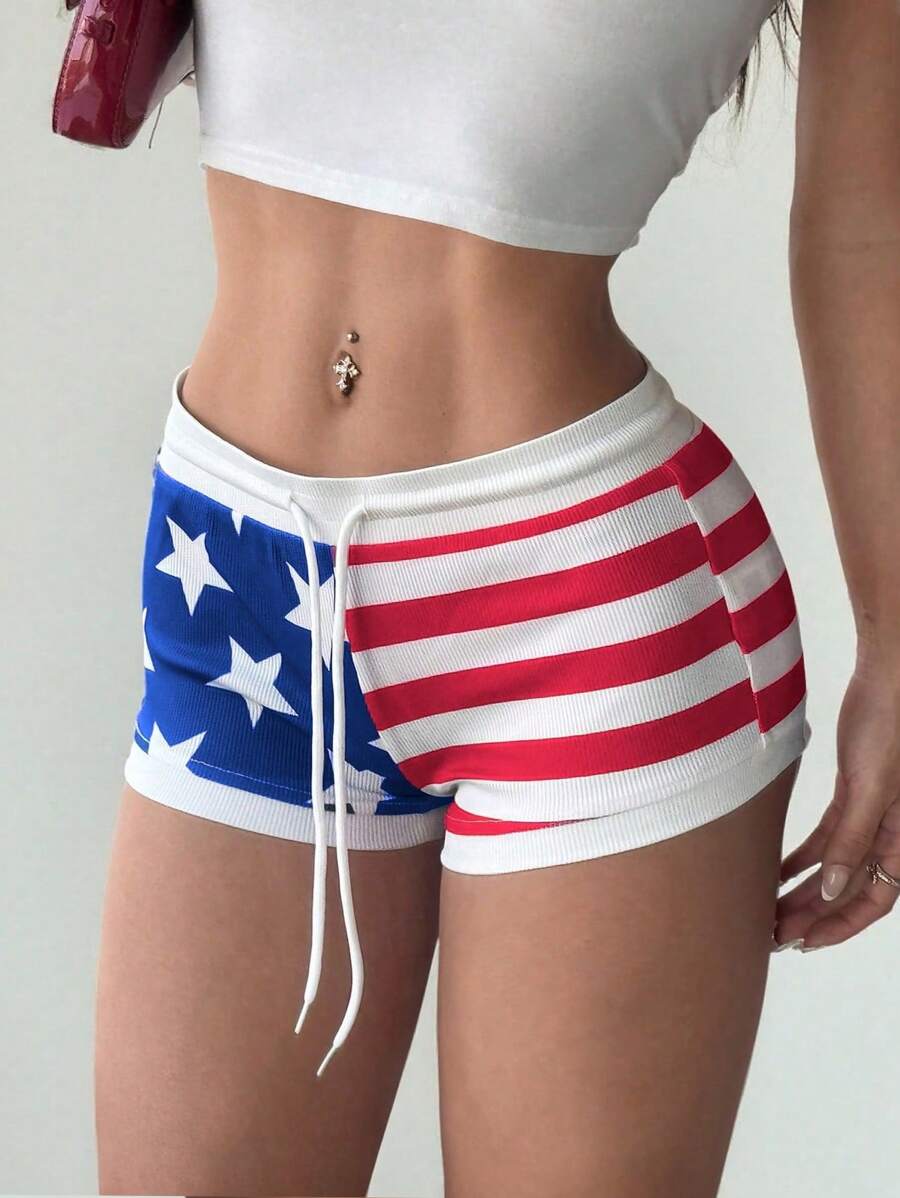 StreetHx Form-Fitting Short Women Shorts, Vintage Star Stripe Contrast Color Digital Print Low Waist Shorts