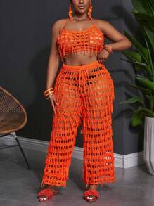 Slaydiva Conjunto de 2 piezas de punto con flecos en talla grande, sexy, para vacaciones de verano