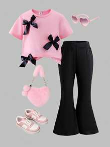 SHEIN 2pcs/Set Young Girl Casual Daily Wear Pink Short Sleeve Bow T-Shirt And Black Flare Pants, Summer Cute Outfit