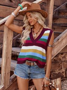 LanaWest Women's Vacation Casual Country Colorful Stripe Knitted Vest