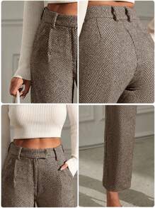 SHEIN Tall 高码女式条纹简约直筒裤，休闲日常穿着 - 棕色 - 查看 6