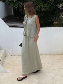 DAZY 2pcs Set Women Wrap Style Open Front Tie Waist Satin Plain Color Vacation Beach Vest & Top - Green - View 5