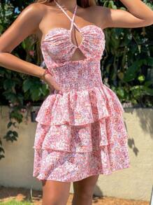 Breezaya Women's Ditsy Floral Halter Neck Layered Cake Dress For Vacation