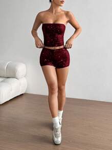 SHEIN Unity Women Solid Color Sequin Bandeau Top And Bodycon Shorts 2 Pieces Set - Burgundy - View 5