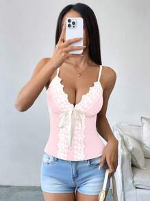 SHEIN Unity 女士优雅撞色蕾丝边吊带背心，夏季 - 粉色 - 查看 3