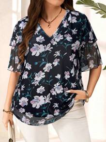 EMERY ROSE Plus Size Women Floral Print Ruffle Sleeve Blouse,Summer
