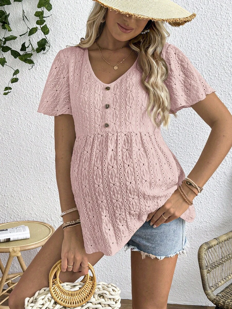 SHEIN V-Neck Button Decor Jacquard Knitted Maternity T-Shirt - Pink - View 1