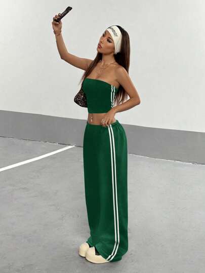 SHEIN Unity Set de 2 piezas con top corto y camisola de mujer con banda a rayas laterales y pantalones deportivos sueltos con cordón a la cintura