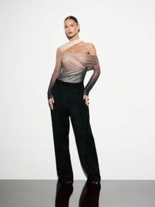 KIZN Asymmetric One-Shoulder Bodysuit Draped Mesh Long Sleeve Metallic Ruched Designer Evening Party Club Wear Fashion Statement Piece - Multicolor - View 5