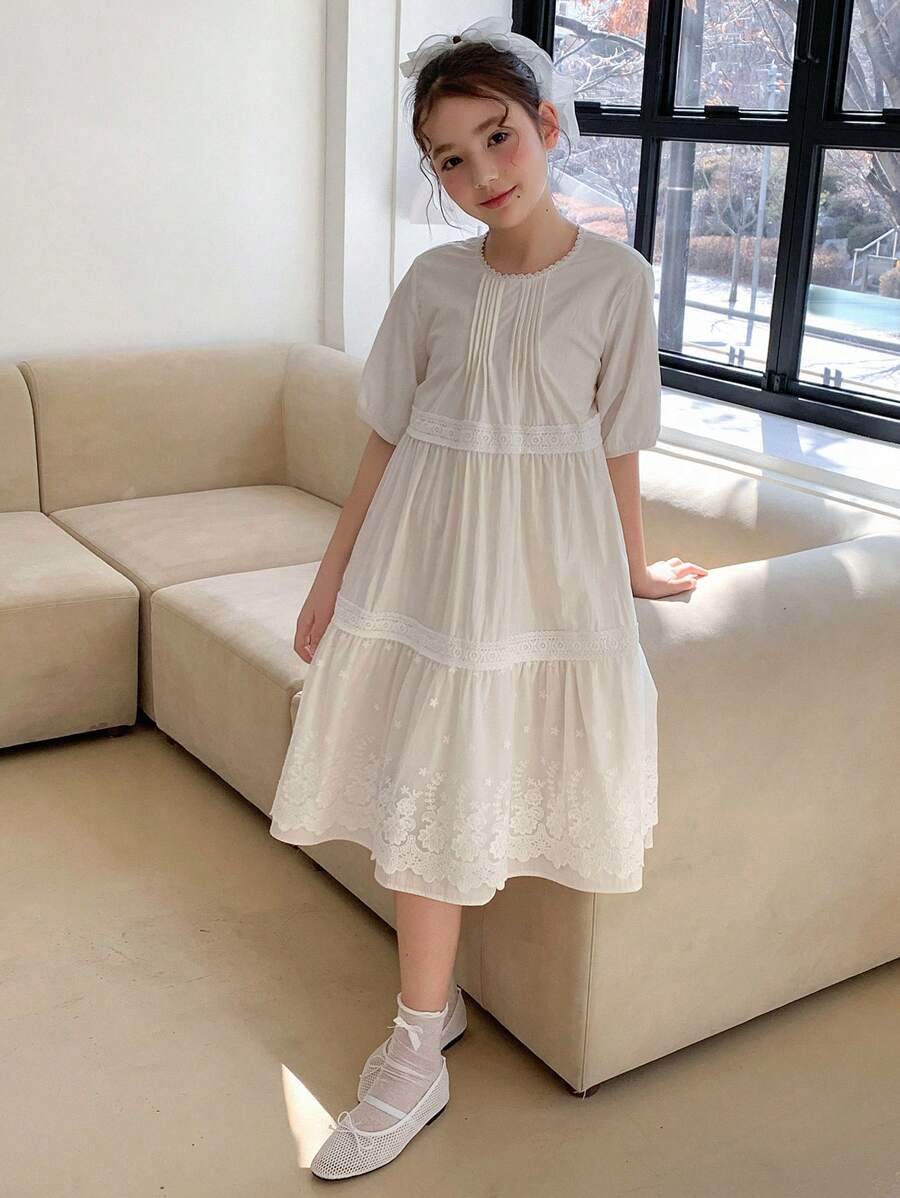 DAZY Tween Girl Princess Style Lace Patchwork Short Sleeve Mid-Length A-Line Dress,Girls Summer Outfits,Back To School Clothes