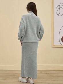 RueChic Lässiger Rollkragen Oversize Pullover mit Doppelärmel und Oversized Passform & Maxi Bodycon Pullover Rock 2-teiliges Set