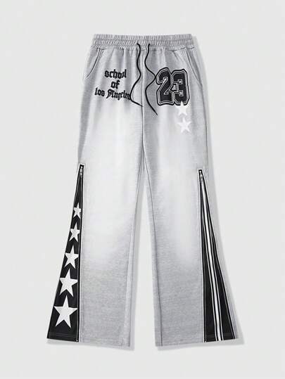 Prep Men's Jersey Letter Print Drawstring Waist Wide Leg Loose Casual Sweatpants