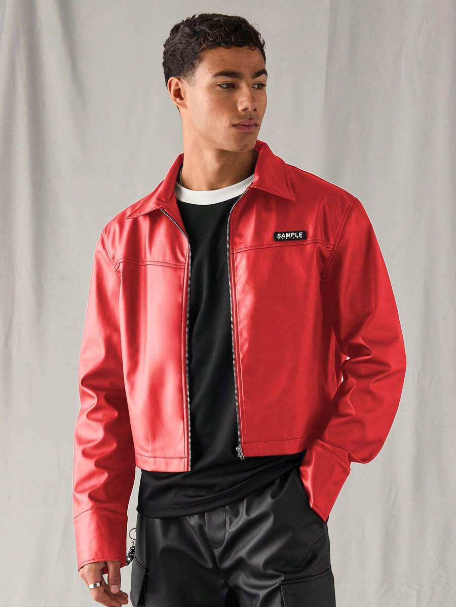 SWAVVY 男士编织休闲长袖开襟拉链红色夹克，复古摇滚风，秋季款 - 紅色 - 查看 1