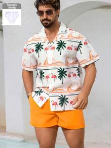 Zalmeno 男士休闲沙滩套装，含短袖衬衫和短裤，简约时尚，适合日常穿着，男士泳裤，夏威夷风 - 珊瑚橙 - 查看 5