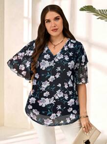 EMERY ROSE Plus Size Women Floral Print Ruffle Sleeve Blouse,Summer