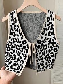 Comfortcana Women's Casual Leopard Print Tie-Up Sleeveless Cardigan