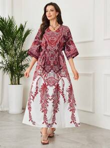 Lacomfia Women's Elegant Retro Printed Long Dress - Red - View 3