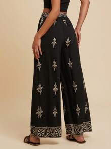 Travachic Women's Vacation Plant Pattern Floral Print Black Wide Leg Pants, Loose Casual Pants, Spring&Summer For Women, Beachwear, Easter,Beach For Woman,Spring Break,Vacation Women,Concert Women,Rave Festival,Rave, Suitable For Holiday, Afternoon Tea, Wedding Season, Beach Cruise Vacation, City Road Trip Vacation, Boho Vacation, Music Festival, Beachwear, Easter, Beach For Woman, Elegant Pants For Women, Vacation, Concert Women, Tropical Vacation, Holiday, Bohemian,For Spring Summer And Autumn