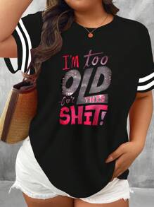 SHEIN LUNE Plus Size Women Casual V-Neck Graphic T-Shirt, Loose Fit Short Sleeve Tops, Summer - Multicolor - View 3