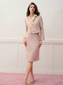 MOTF PREMIUM BLAZER CRUZADO DE DOBLE BOTONADURA CON RIBETE CRUDO DE TWEED