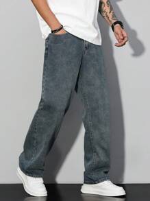 Manfinity Hypemode Men Casual Washed Slant Pocket Straight Leg Jeans - Blue - View 3