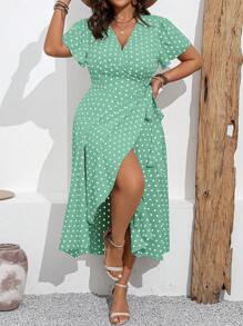 EMERY ROSE 大码波尔卡圆点印花系腰裹身连衣裙，适合度假和休闲长款女装 - 薄荷綠 - 查看 6
