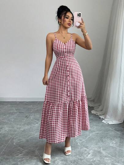 Elenzga Vestido casual de mujer a cuadros con tirantes, volante en el bajo y abotonadura sencilla