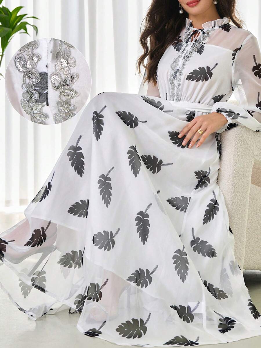 Modelyn Kleid für Damen mit Mesh- und digitalem Muster-Einsatz, Schleifenbesatz und Volant-Saum mit Langarm