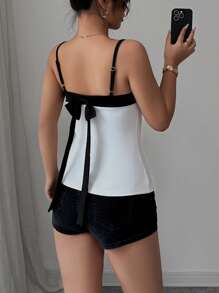 Elenzga Stijlvolle en veelzijdige forensenjurk voor dames, elegant, Frans, romantisch, kleurblok, strik op de rug, getailleerde camisole, lente en zomer
