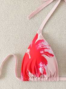 Swim Mod Plus Size Women's Floral Print Triangular Bikini Top, Elegant & Fresh, Suitable For Beach & Vacation For Summer