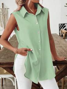 SHEIN LUNE 女士休闲度假不对称下摆无袖开衩纯色衬衫