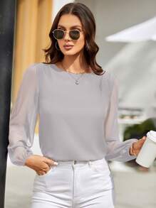 EMERY ROSE Women Solid Long Sleeve Round Neck Simple Fashionable Shirt, Suitable For Summer Fall Cloth For Women - Light Grey - View 5