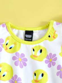 LOONEY TUNES X SHEIN 女婴崔弟鸟 & 花卉印花盖袖可爱休闲黄色 & 白色连衣裙